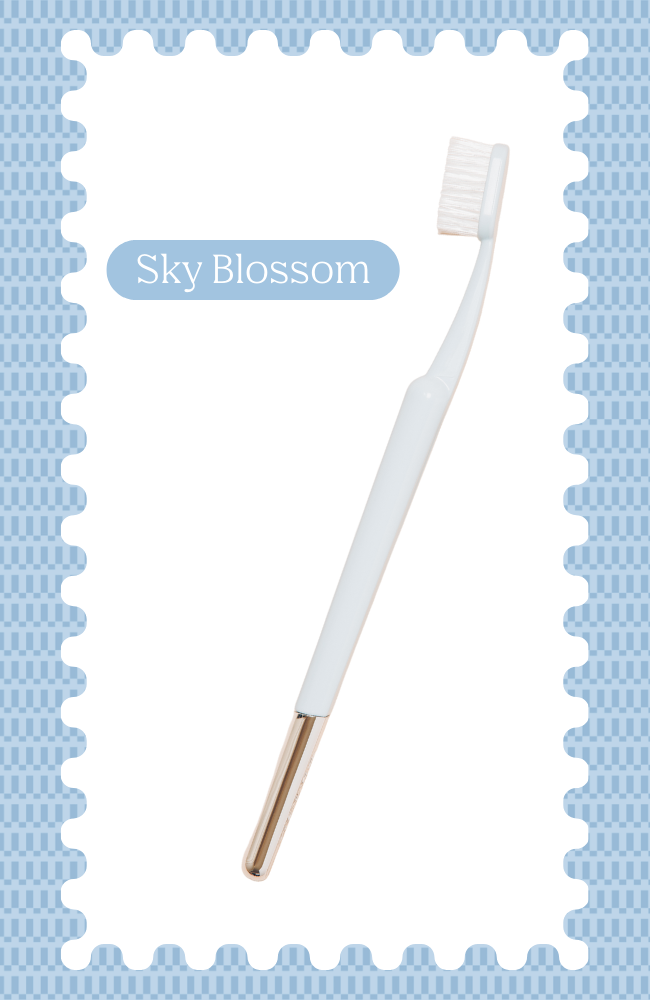 A white toothbrush with 'Sky Blossom' text on a patterned blue border.