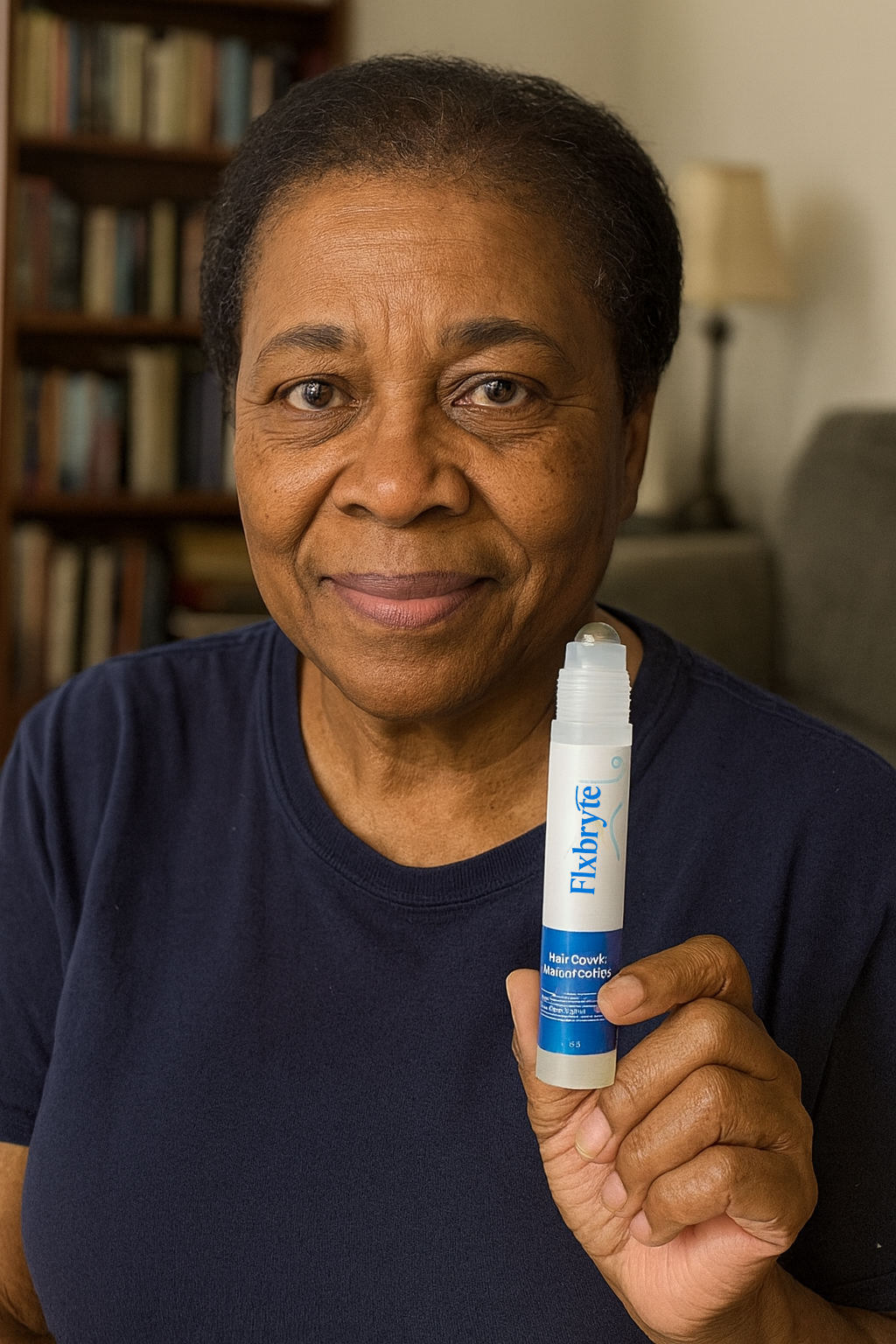 Person holding a hair care product in a living room.