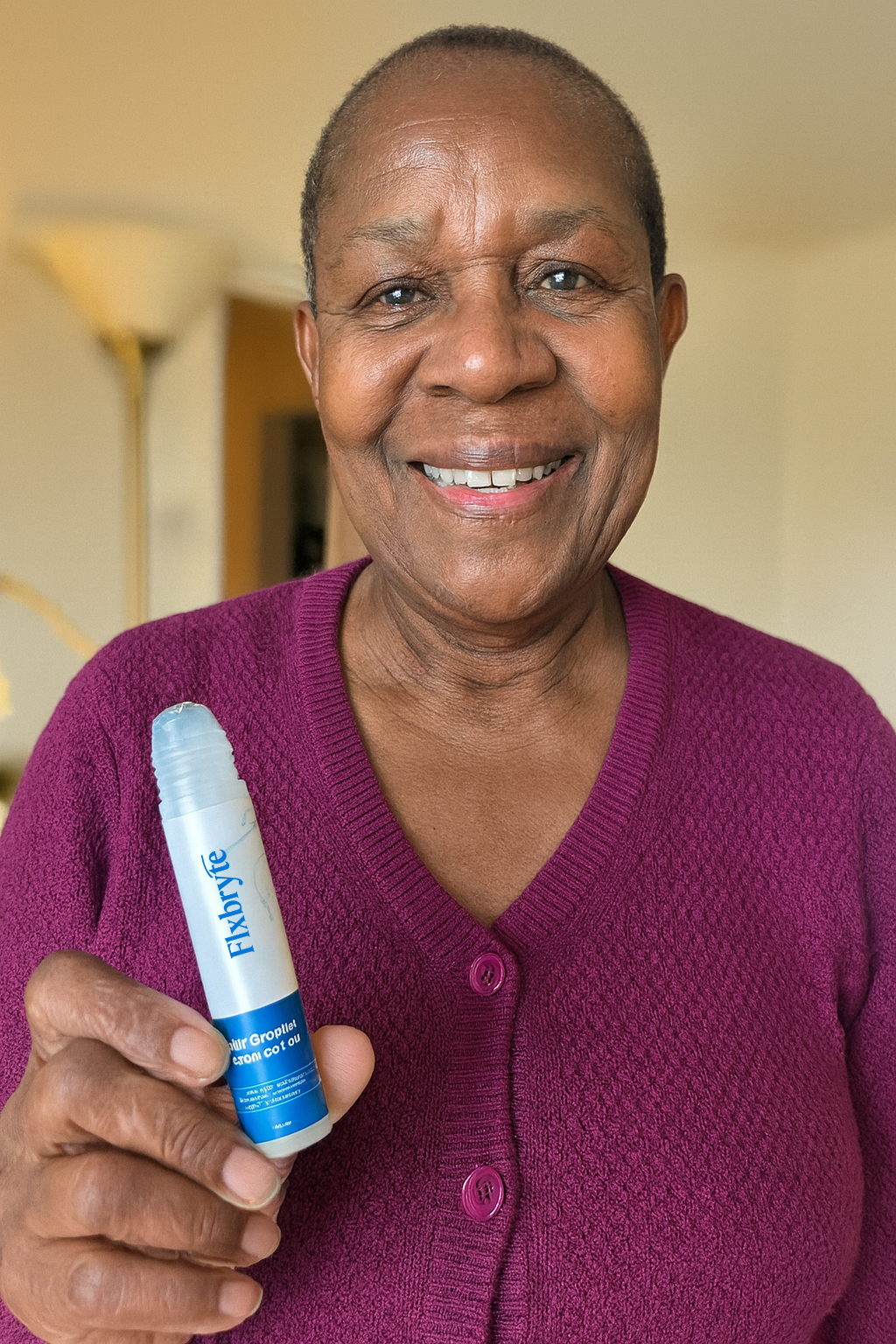 Person holding a small bottle labeled 'Flxbryte' with a blue cap.