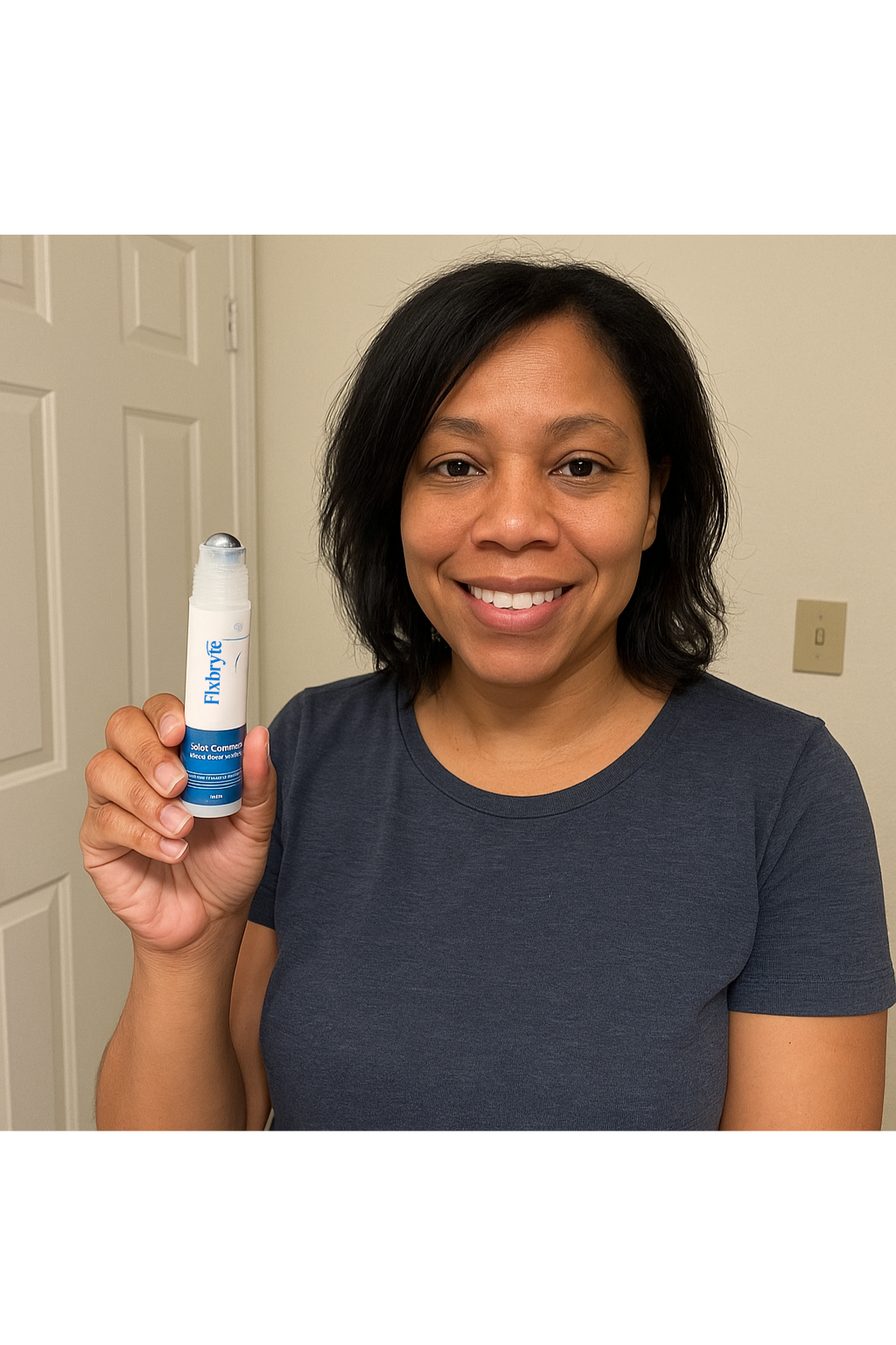 Person holding a product in a roll-on bottle, smiling in a room.
