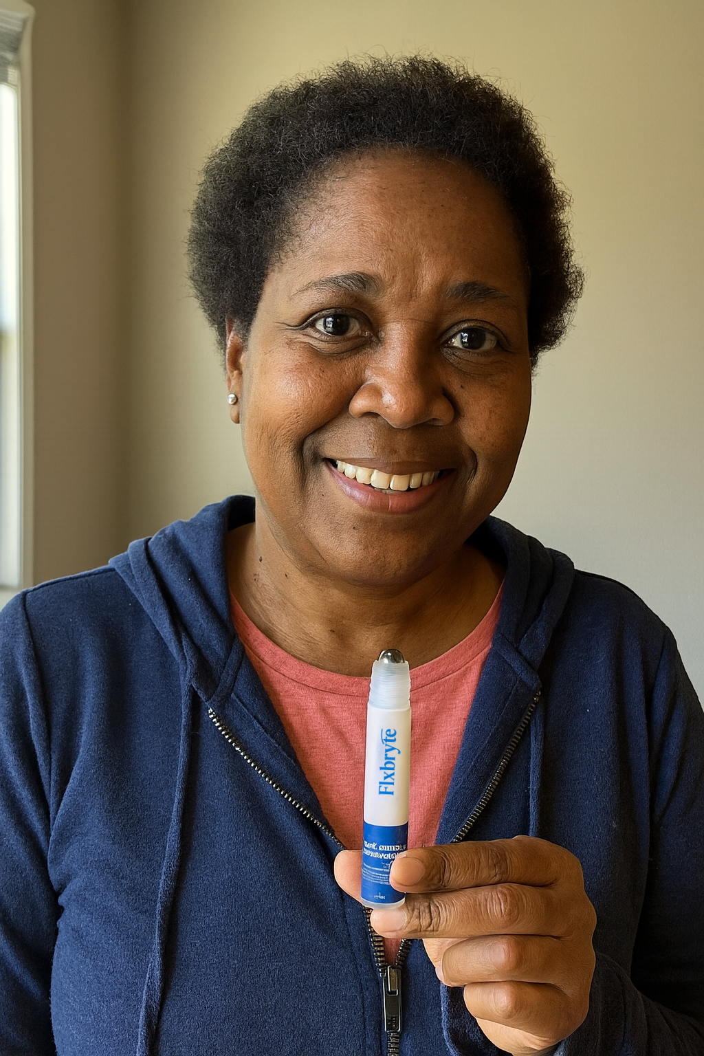 Person smiling, holding a small blue and white bottle.