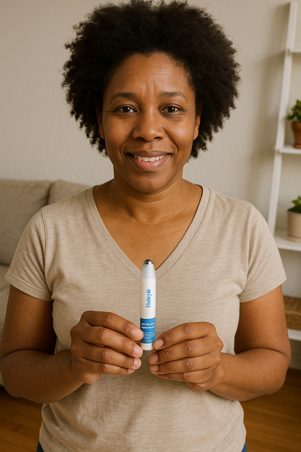 Person holding a small white and blue product tube, smiling indoors.