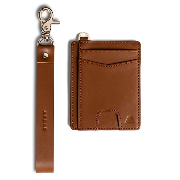 Brown leather cardholder with a detachable strap and metal clasp.