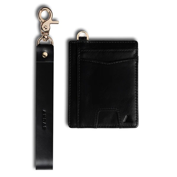 Black leather wallet with a detachable strap and metal clasp.