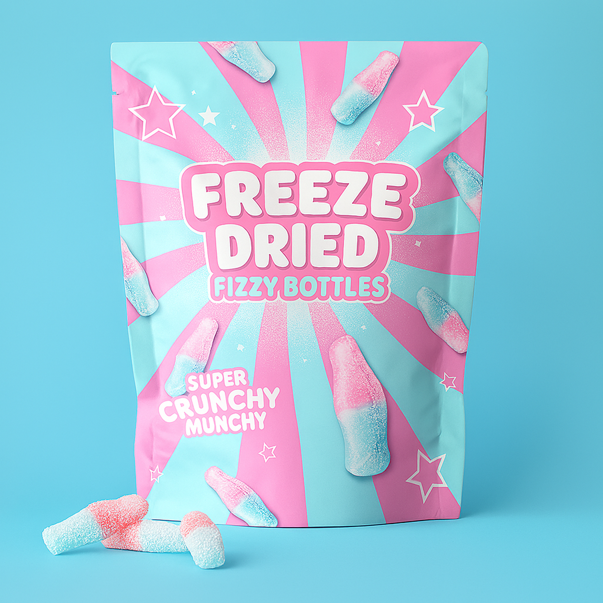 Colorful candy packaging with freeze dried fizzy bottles and stars.