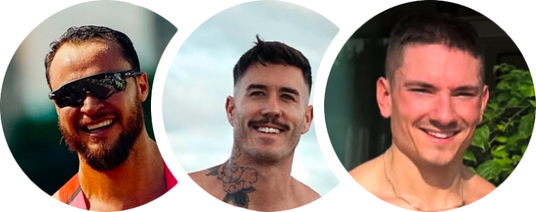 Three men smiling outdoors in round profile photos.