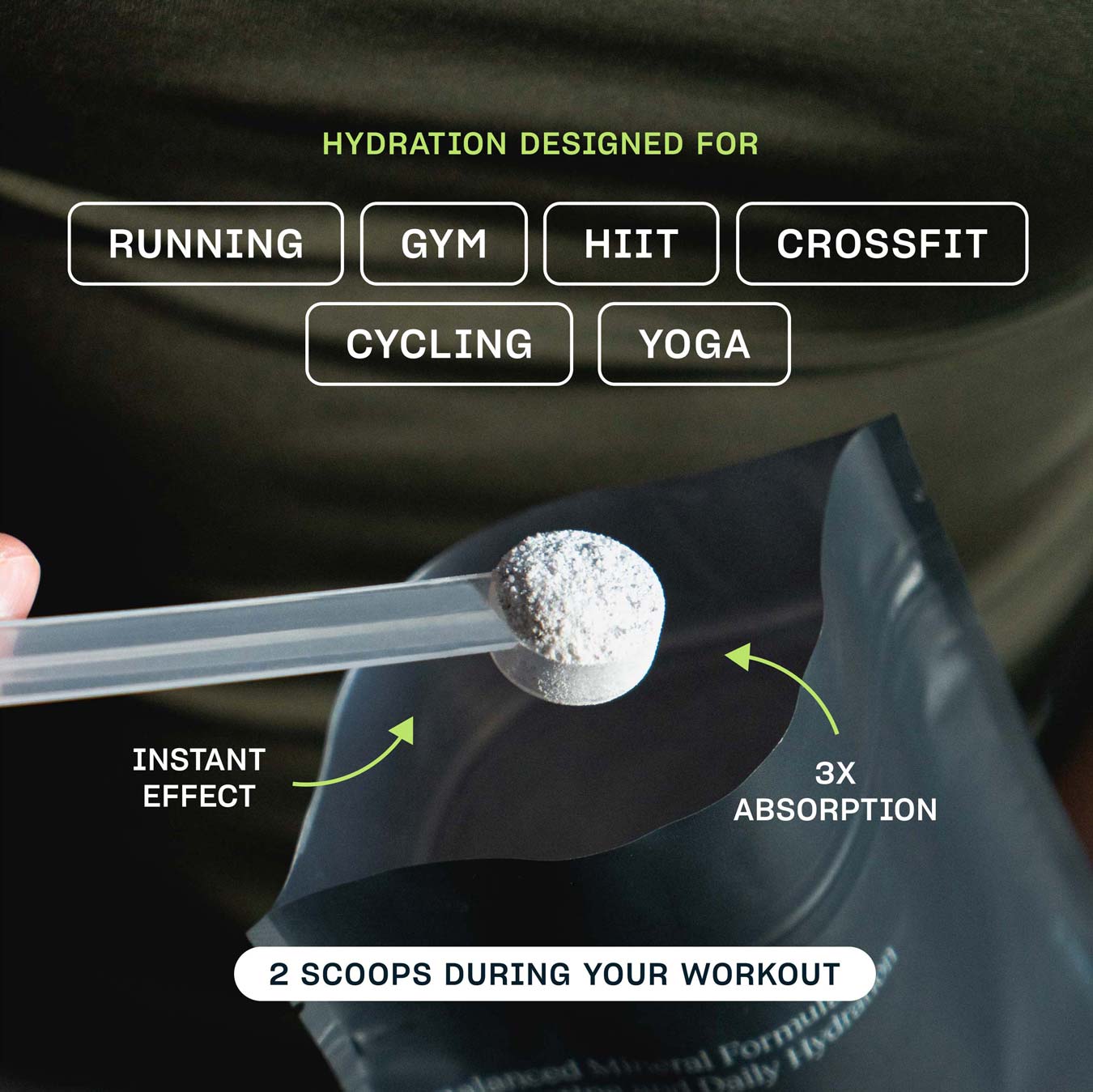 Scoop of hydration powder with fitness activities listed: running, gym, HIIT, CrossFit, cycling, yoga.