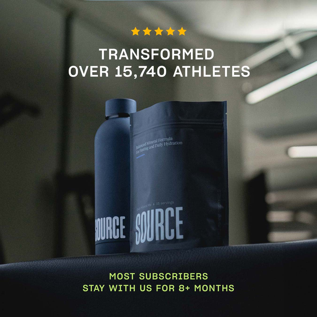 Black bottles and packages of 'SOURCE' supplement with promotional text about transforming athletes.