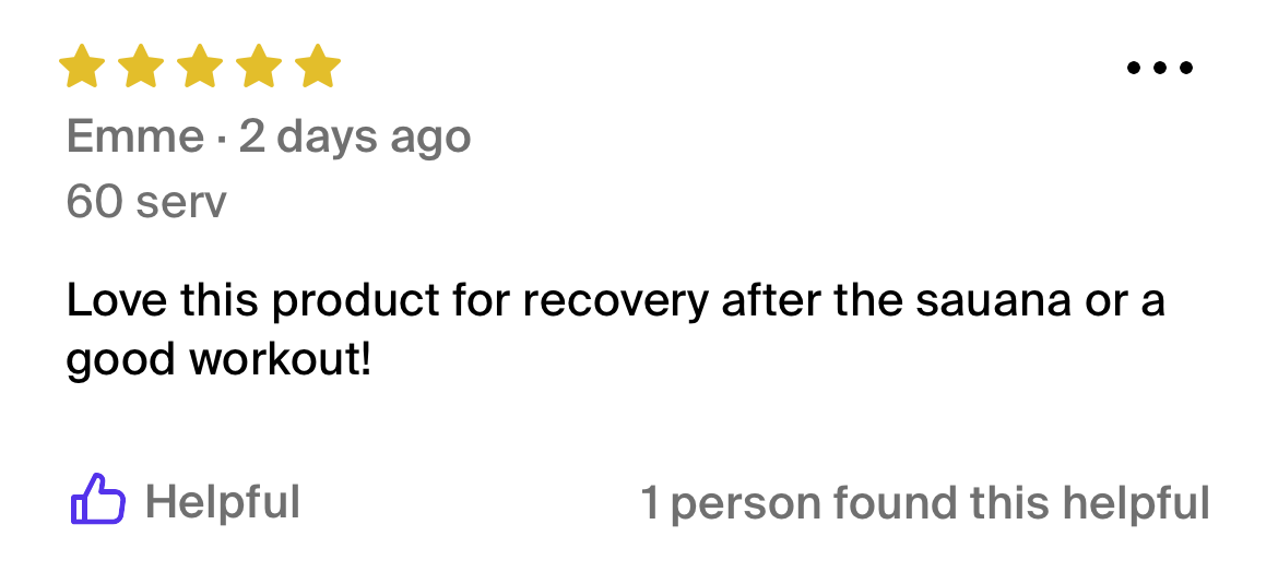 Five-star product review praising recovery benefits after sauna or workout.