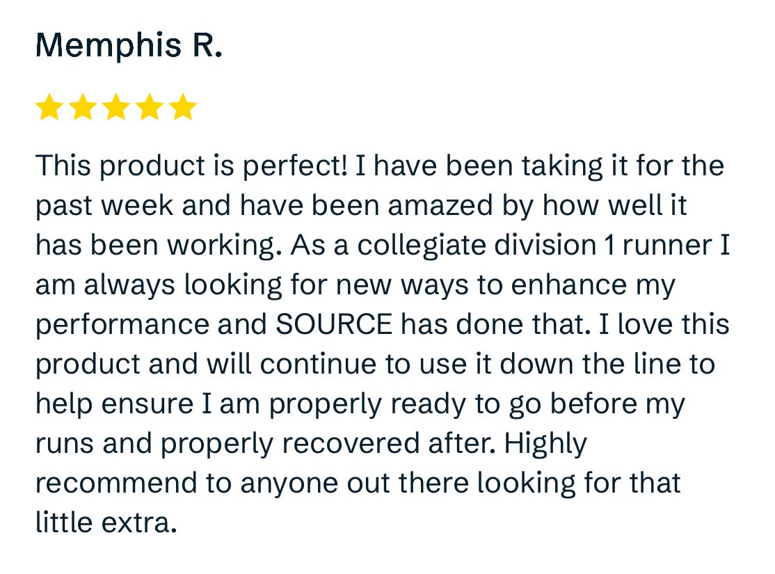 Five-star product review by Memphis R. praising performance enhancement for runners.