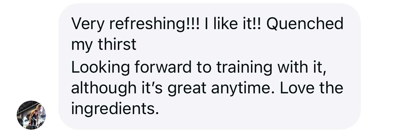 Text message praising a refreshing drink, mentioning training and ingredients.