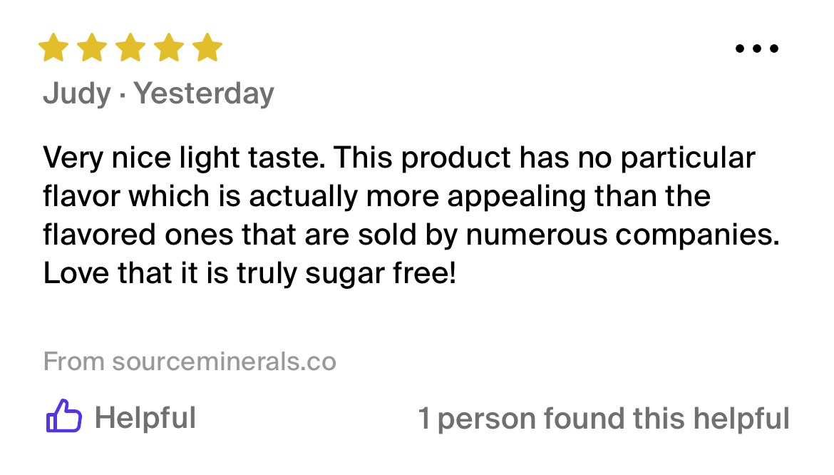 Five-star product review praising sugar-free taste.
