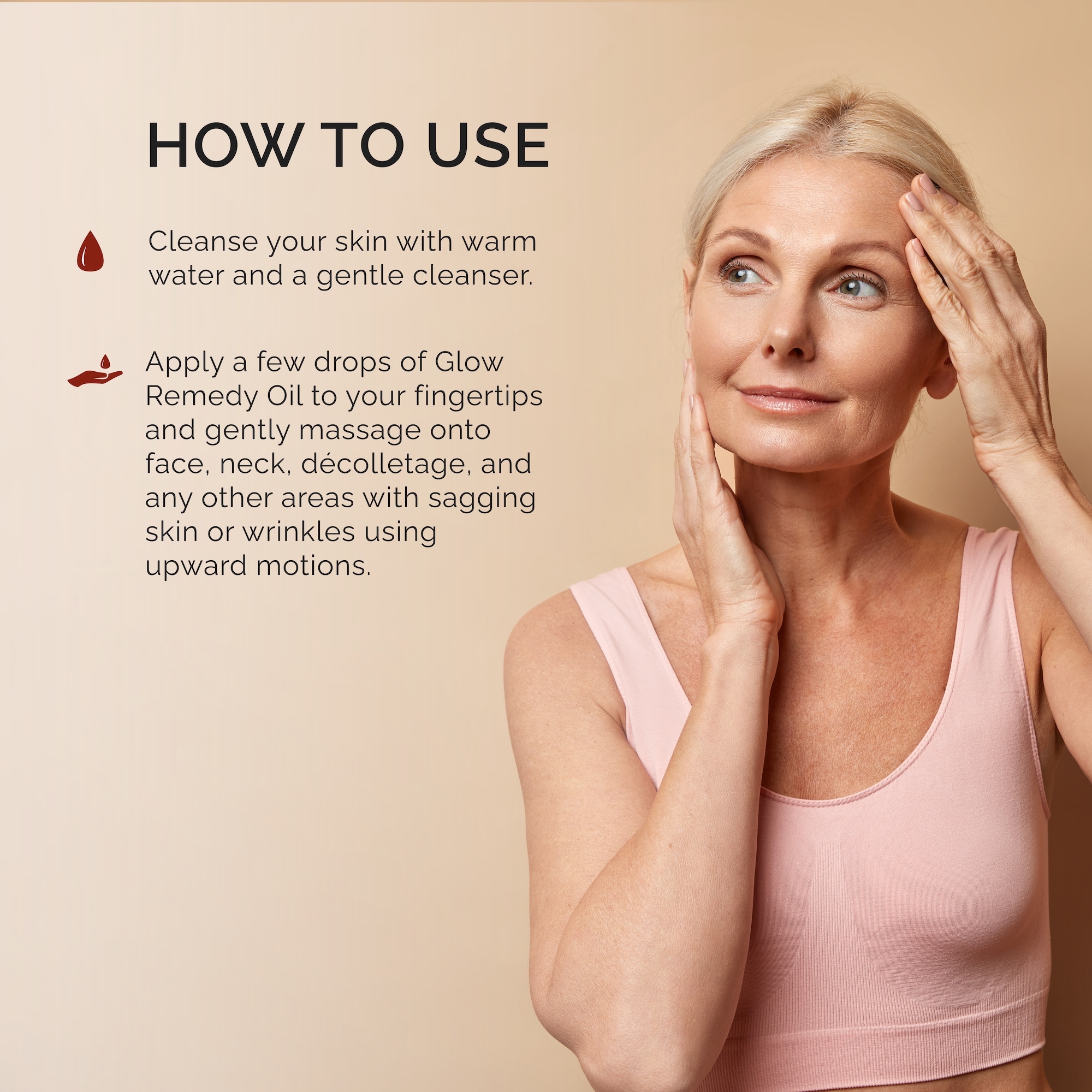 Woman applying skincare product with instructions on the left.