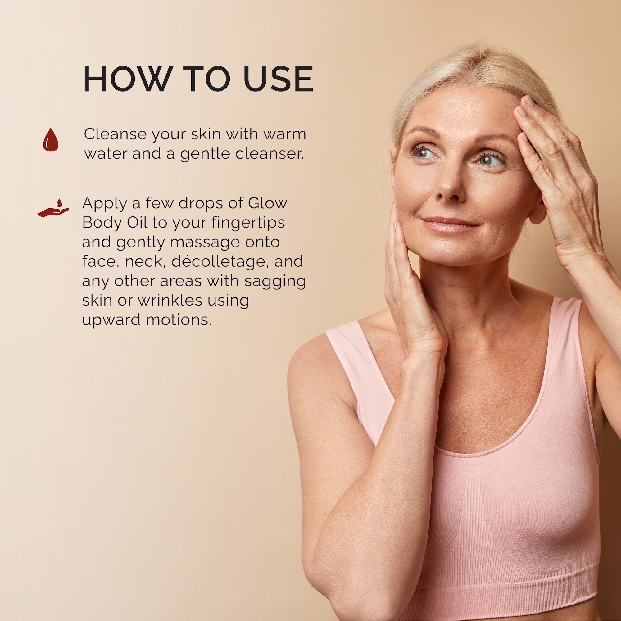 Woman applying skincare product with instructions on the left.