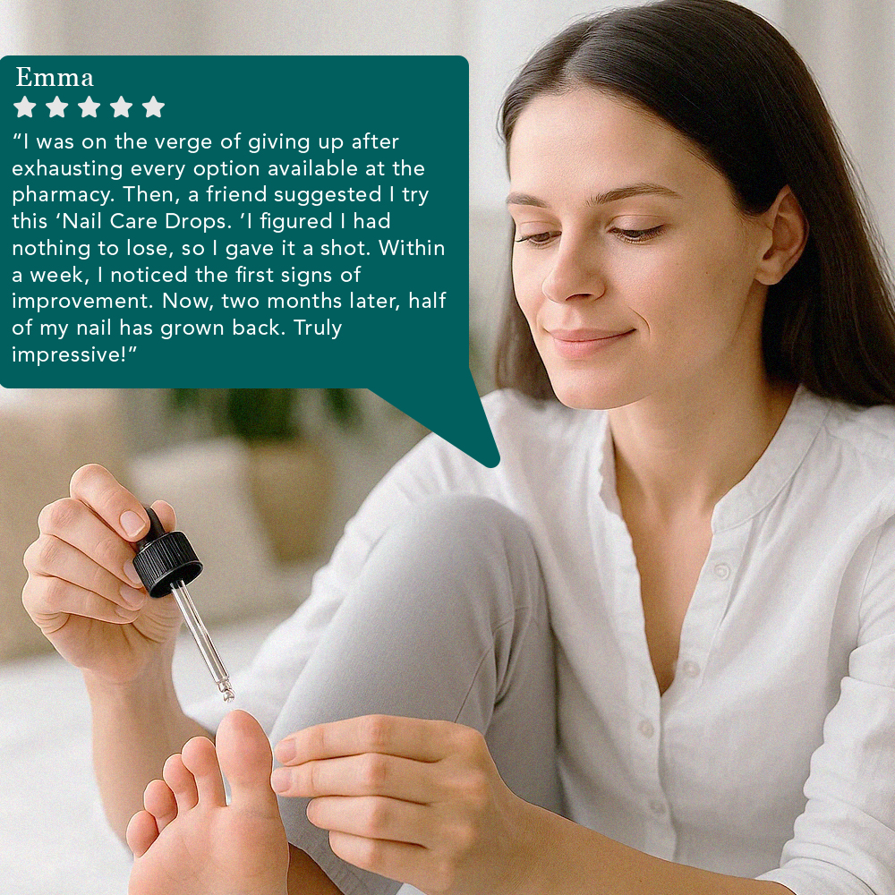 Woman applying nail care drops to her foot with a testimonial text overlay.