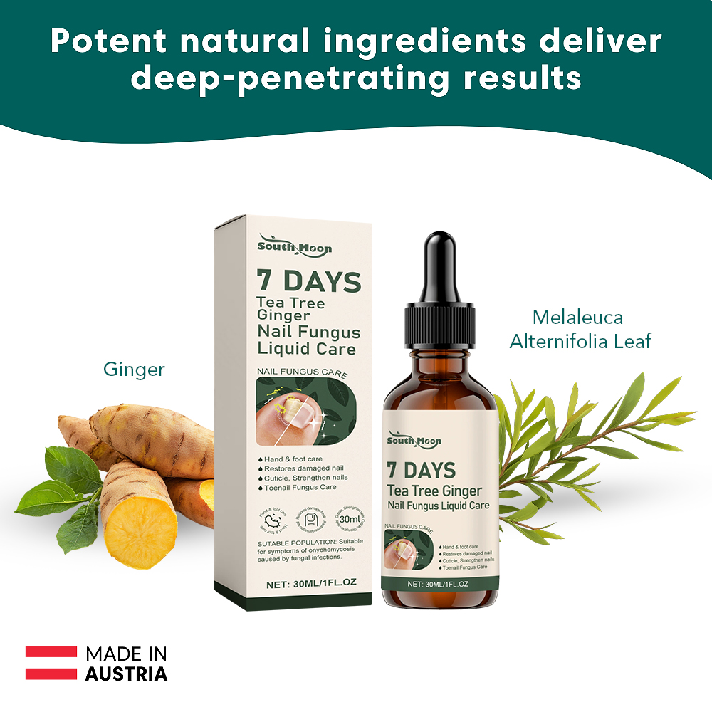 Nail fungus care product with ginger and Melaleuca Alternifolia leaf, labeled 'Made in Austria.'