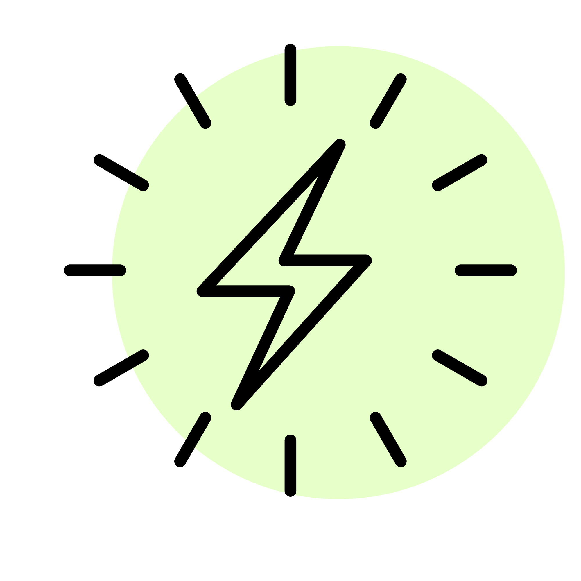 Black lightning bolt inside a light green circle with lines radiating outward.