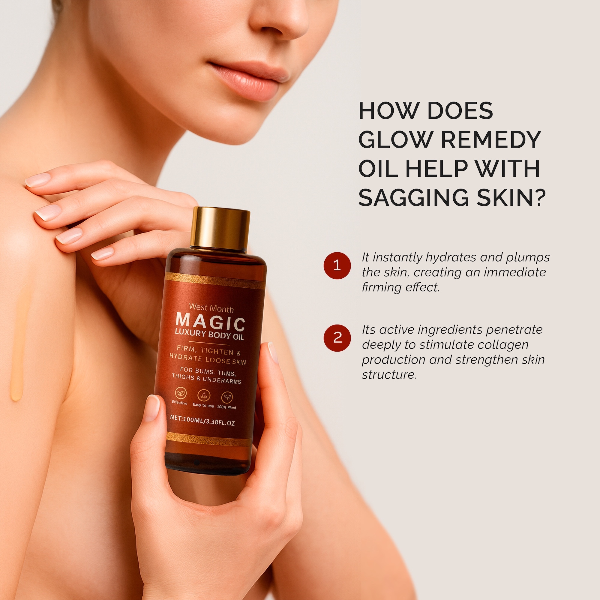Person holding a bottle of body oil with text about skin benefits.