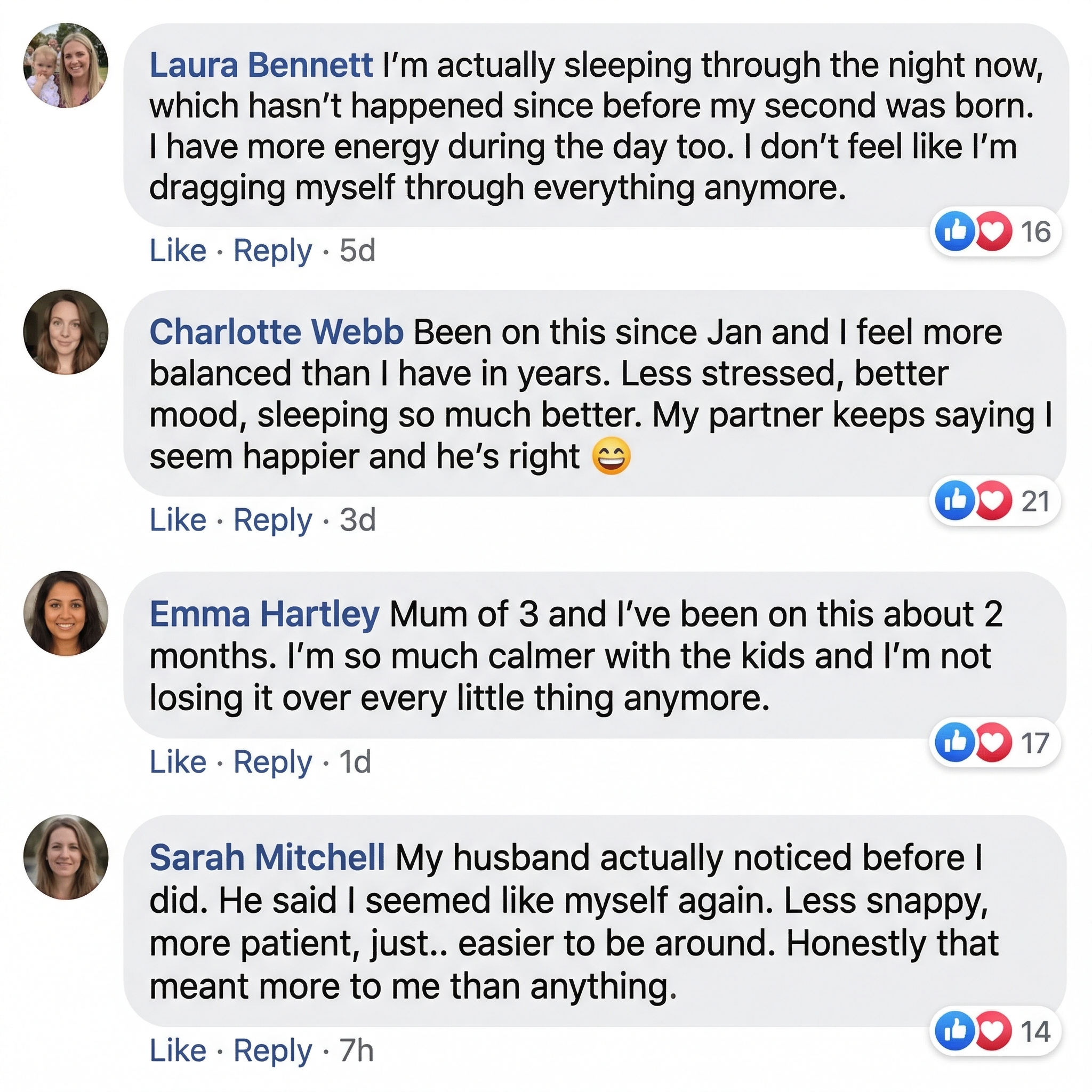 A screenshot of four positive social media comments with profile pictures and reaction counts.