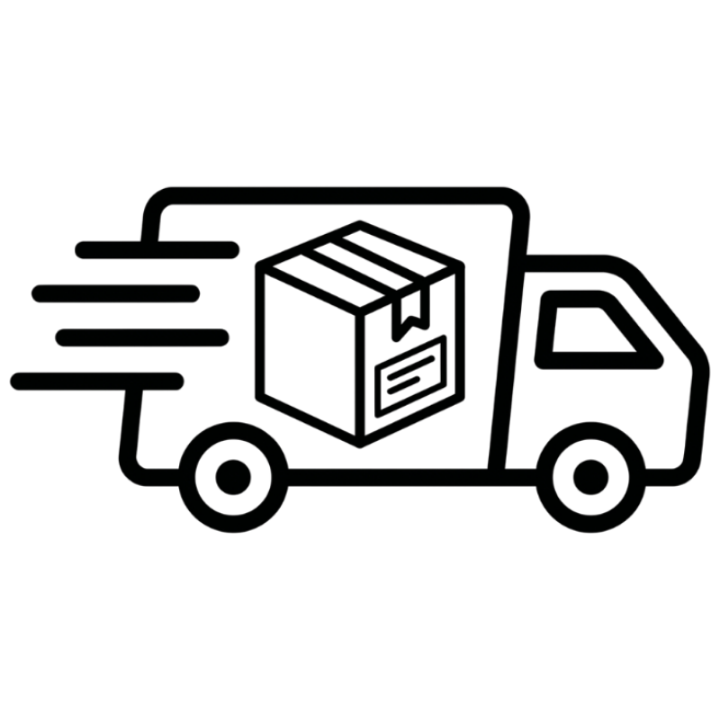 A black and white icon of a delivery truck in motion, carrying a large package.