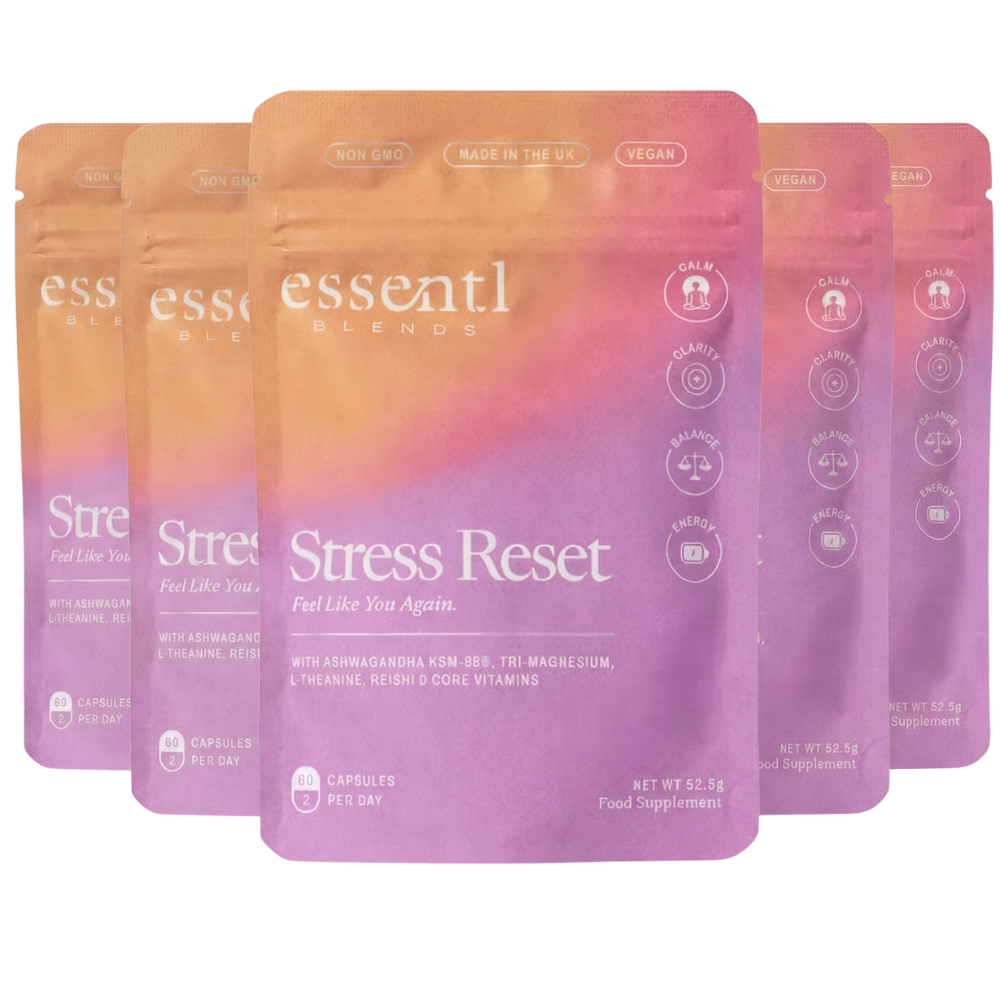 Five pouches of essentl BLENDS Stress Reset supplement lined up against a white background.