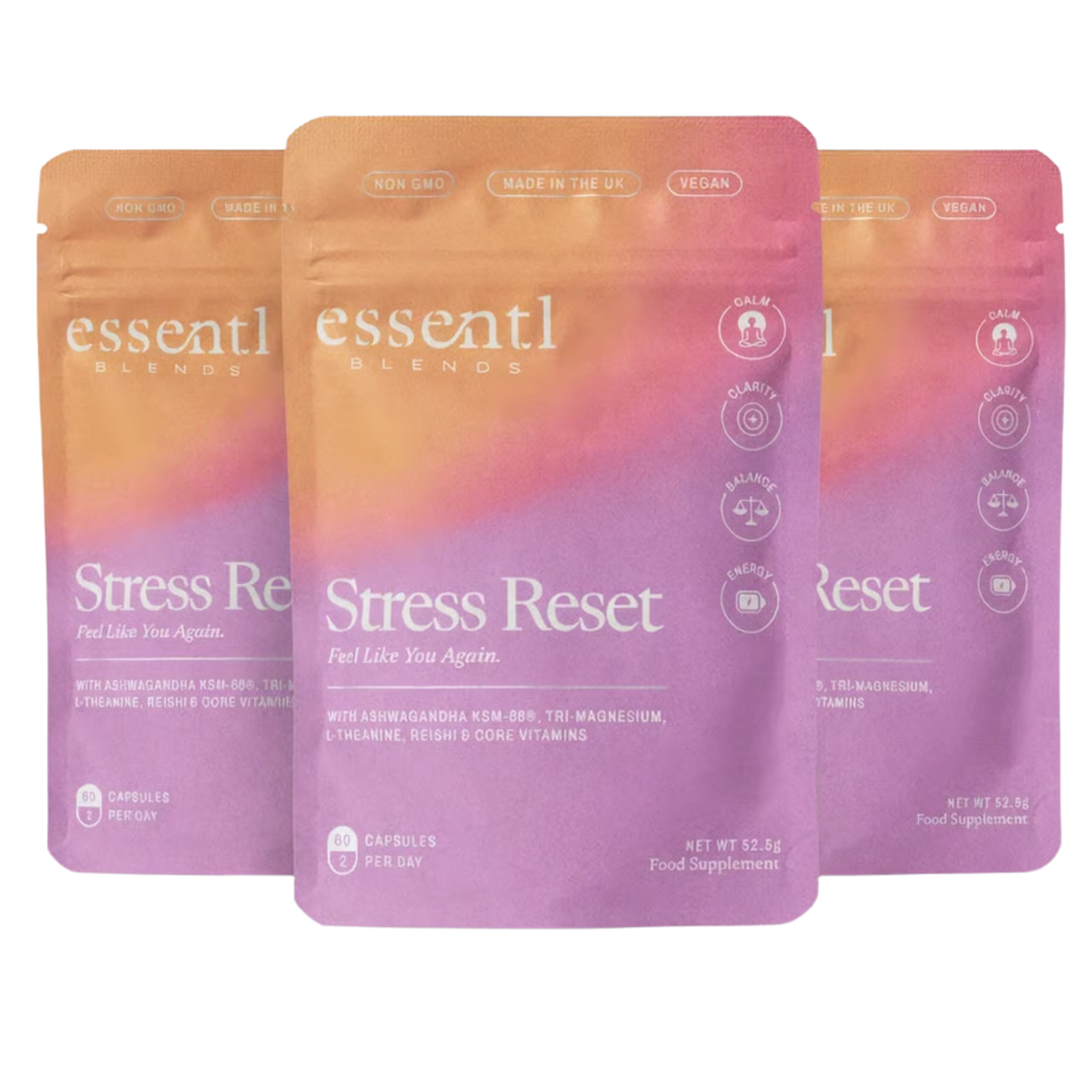 Three pouches of essentl blends Stress Reset supplement against a white background.