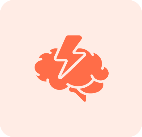 An orange icon of a brain with a lightning bolt inside it on a light pink background.