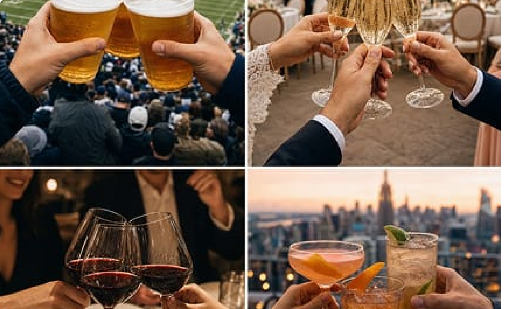 A four-panel collage showing people toasting with beer, champagne, wine, and cocktails in various settings.