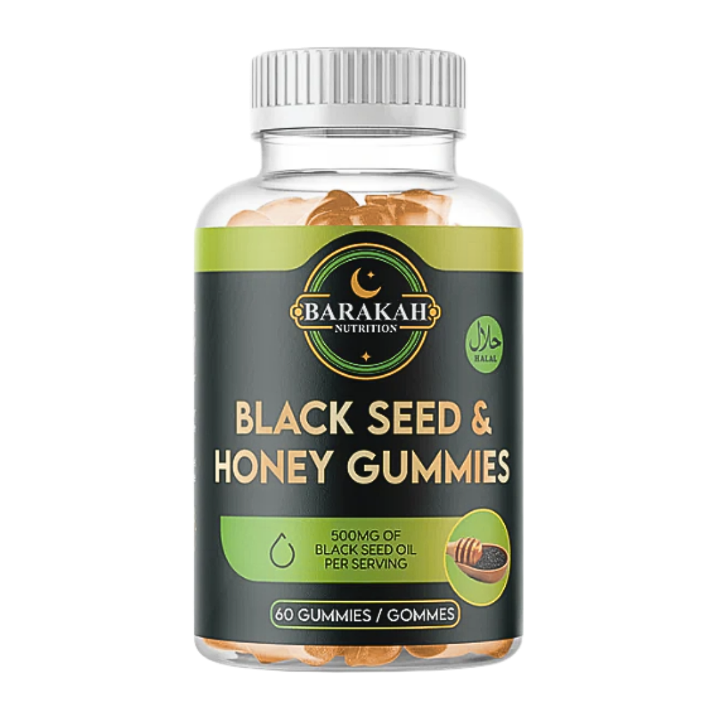 A bottle of Barakah Nutrition Black Seed & Honey Gummies against a solid green background.