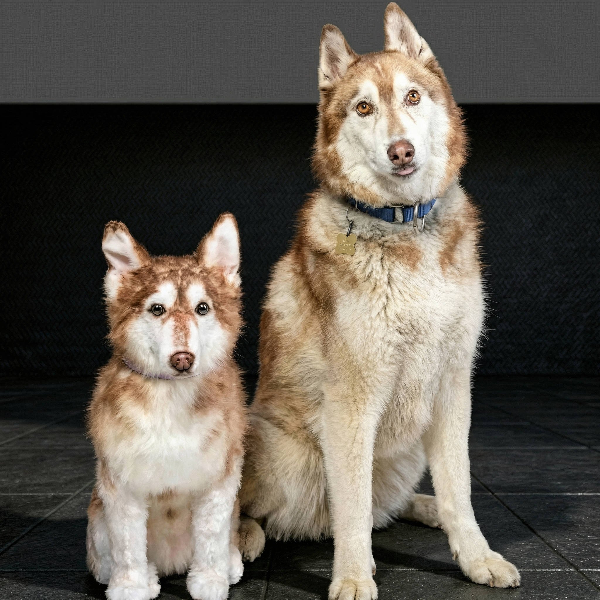 One brown and white dogs sitting next to a plush replica in front of a brick wall. 