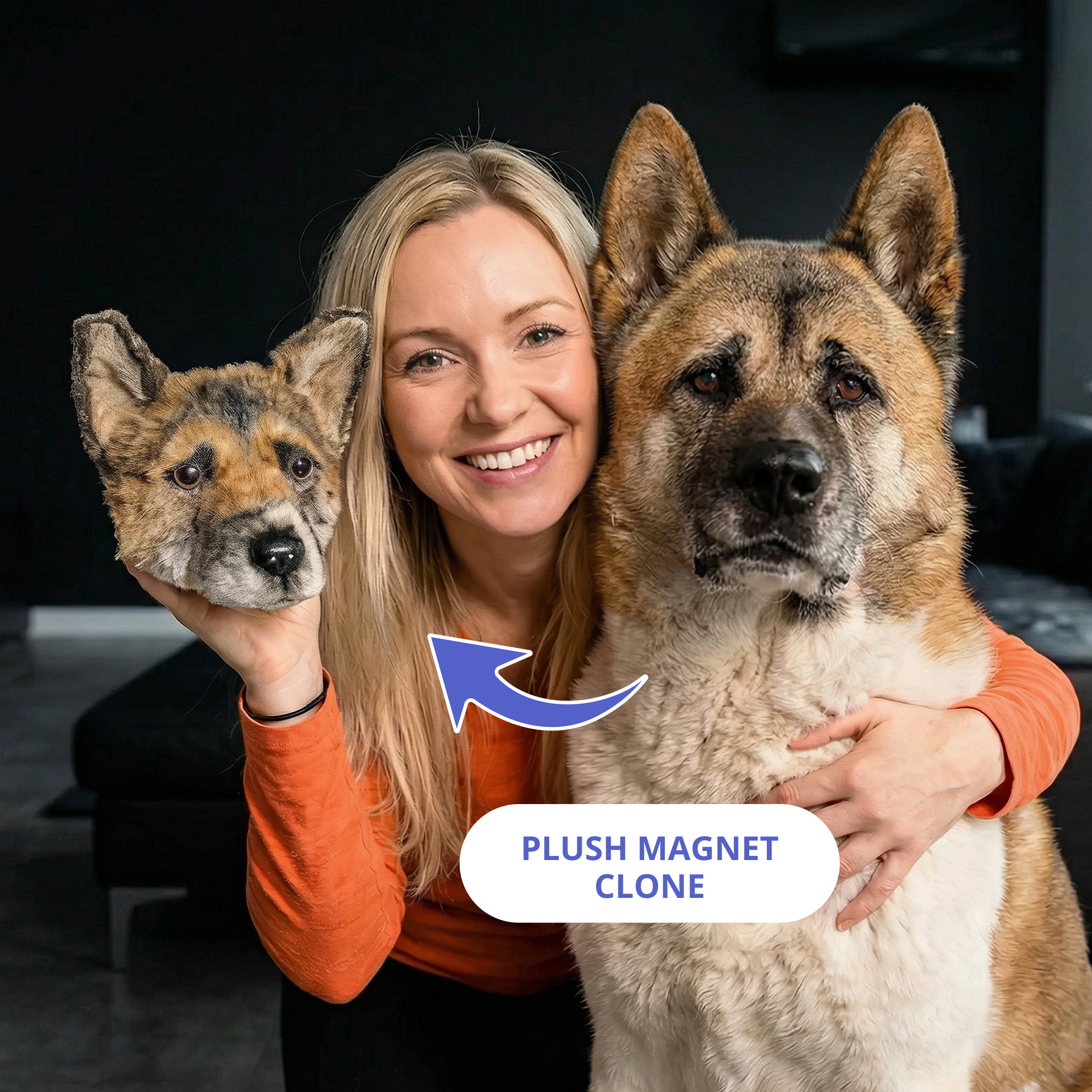 Woman with one plush magnet in her hand and next to her dog.