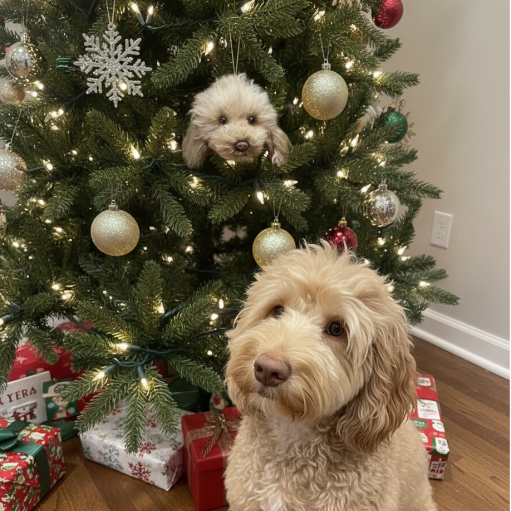 Dog in front of a decorated Christmas tree with ornaments and gifts.