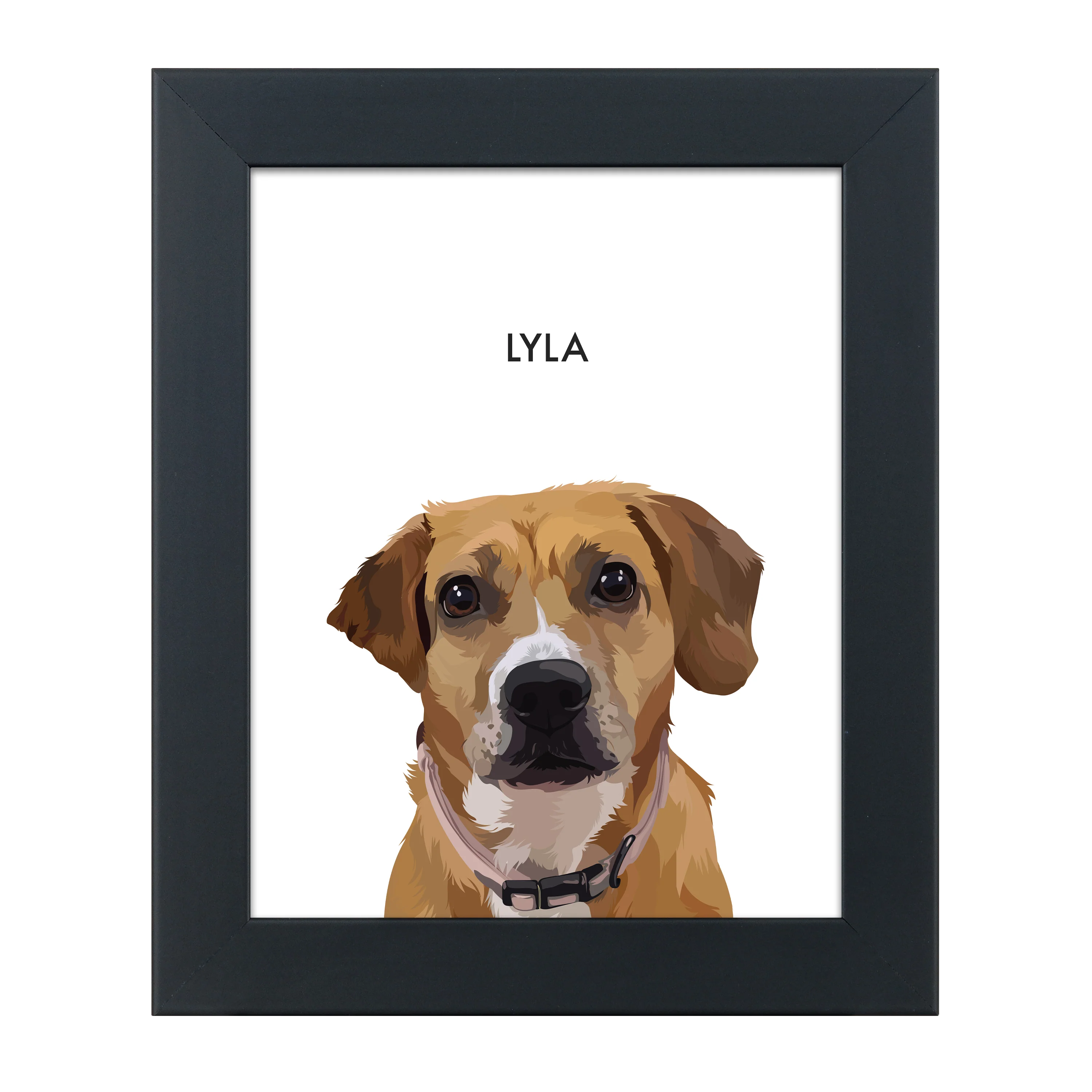 A framed, dark brown wooden picture frame with a white mat, displayed against a black background. Inside the frame is a close-up, digital illustration of a dog named LYLA.