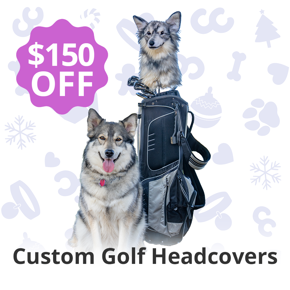 Two dogs with a golf bag and $150 off text.