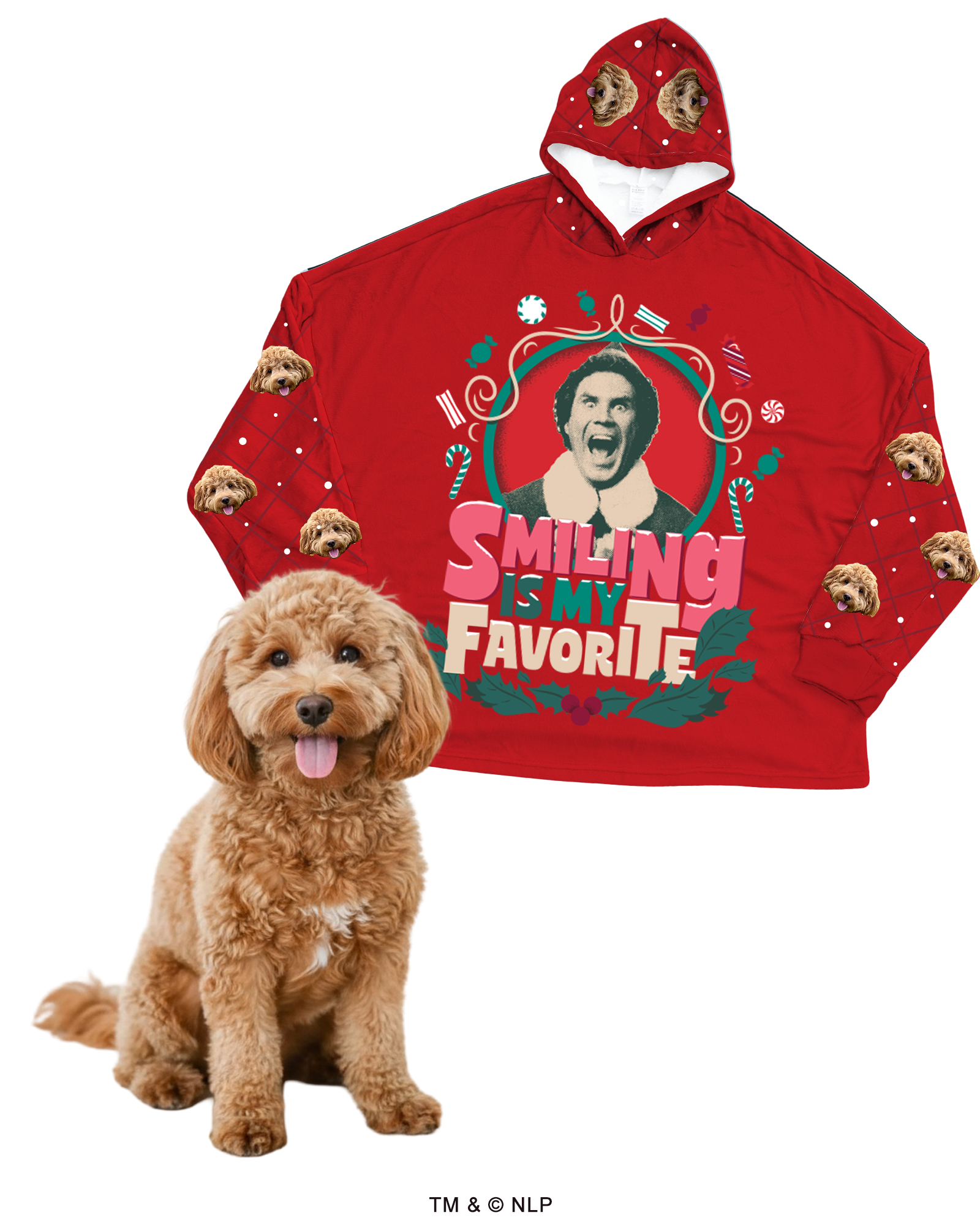 An oversized red hooded blanket featuring Buddy the Elf and the quote 'Smiling is my favorite,' surrounded by a wreath. The blanket is patterned with a repeating design of a dog.