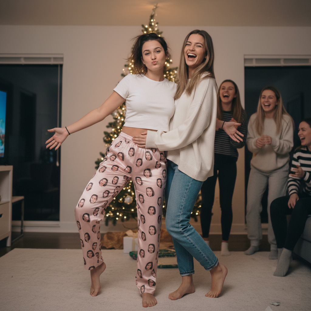 Two people posing in front of a Christmas tree, others laughing in the background.