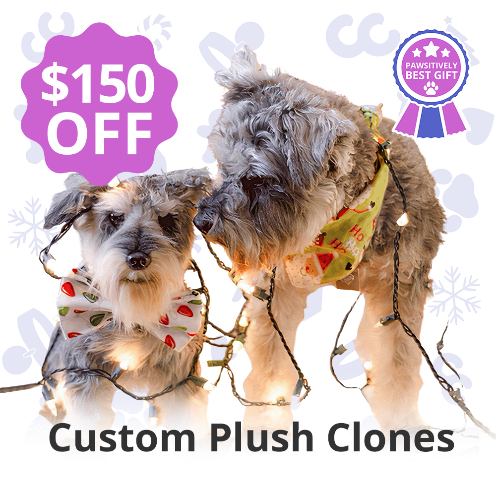 Two dogs wearing festive scarves, wrapped in holiday lights, with promotional text.