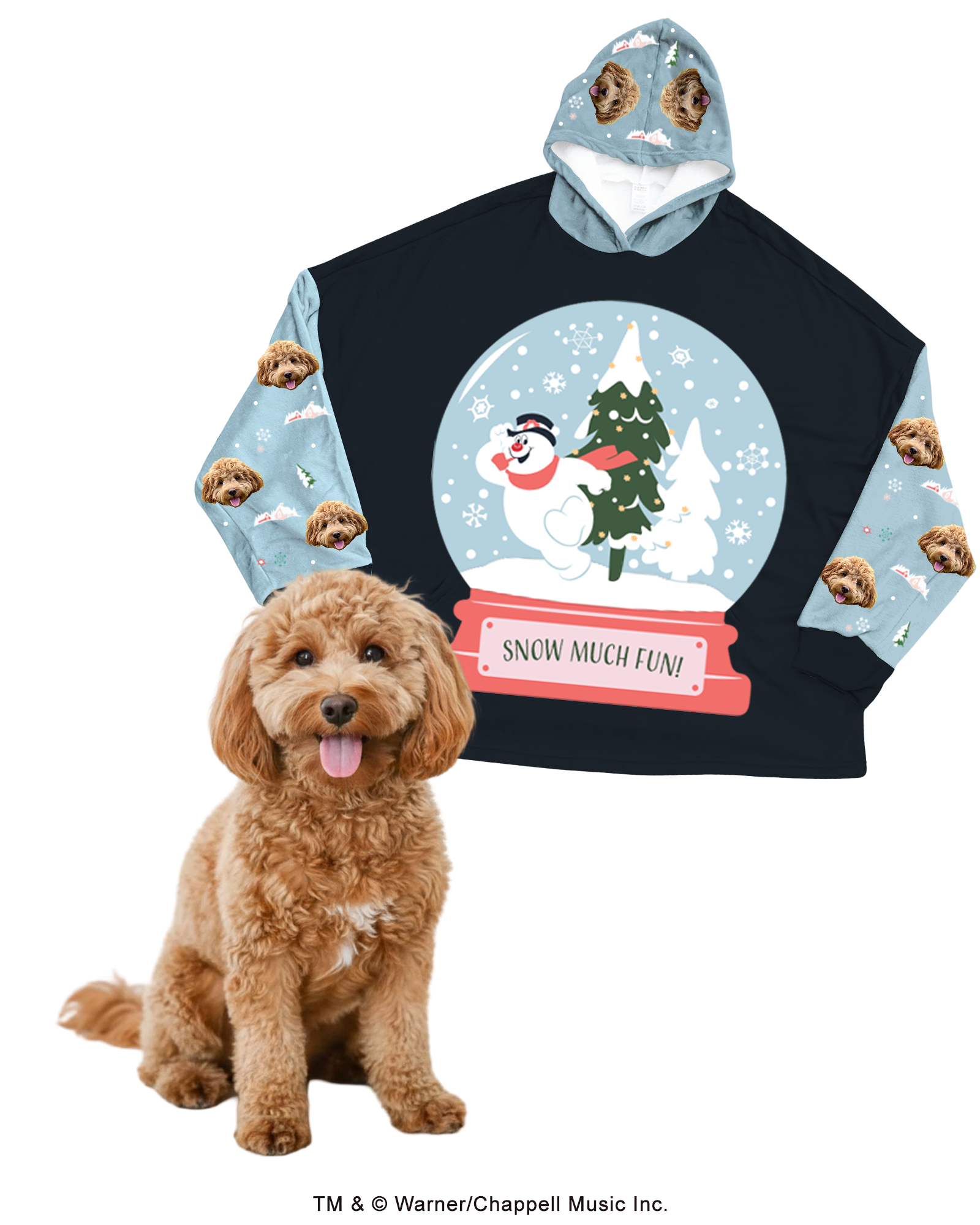 Teal pajama pants patterned with a repeating design of a fluffy brown Cockapoo's face, Frosty's hat, and pipe. The right leg features a large graphic of Frosty the Snowman and the word 'Original' written above. A real Cockapoo dog sits in the foreground.