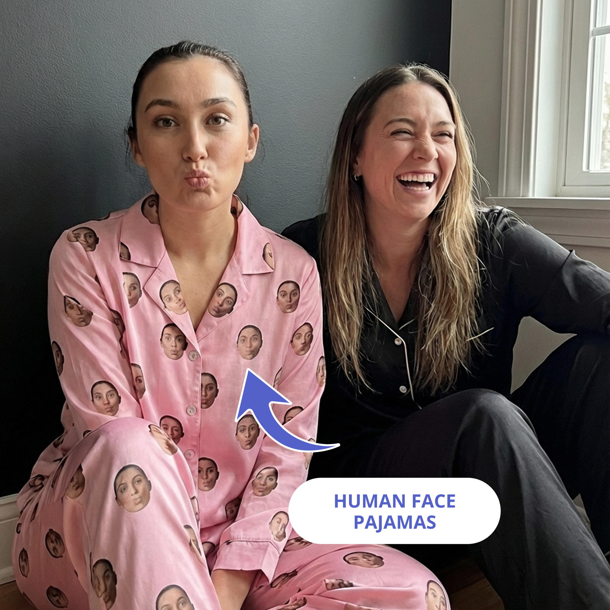 Two woman smiling, one of them is wearing a face pajama