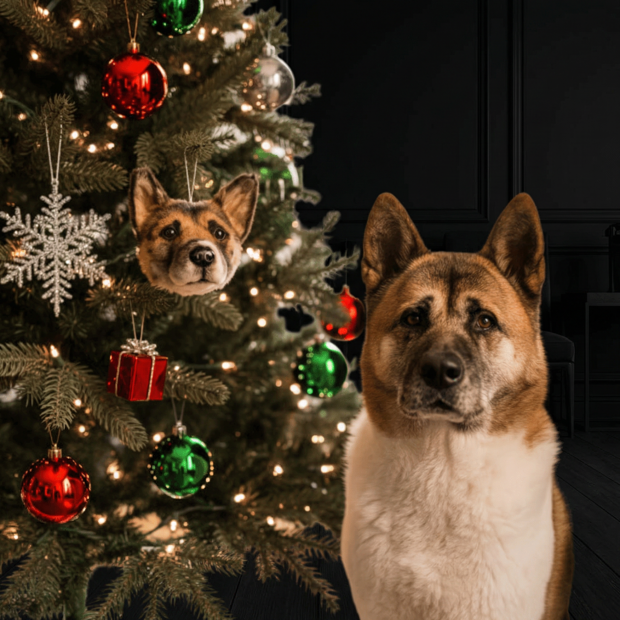 Brown & white dog sits by Christmas tree with a felt ornament replica of its head.
