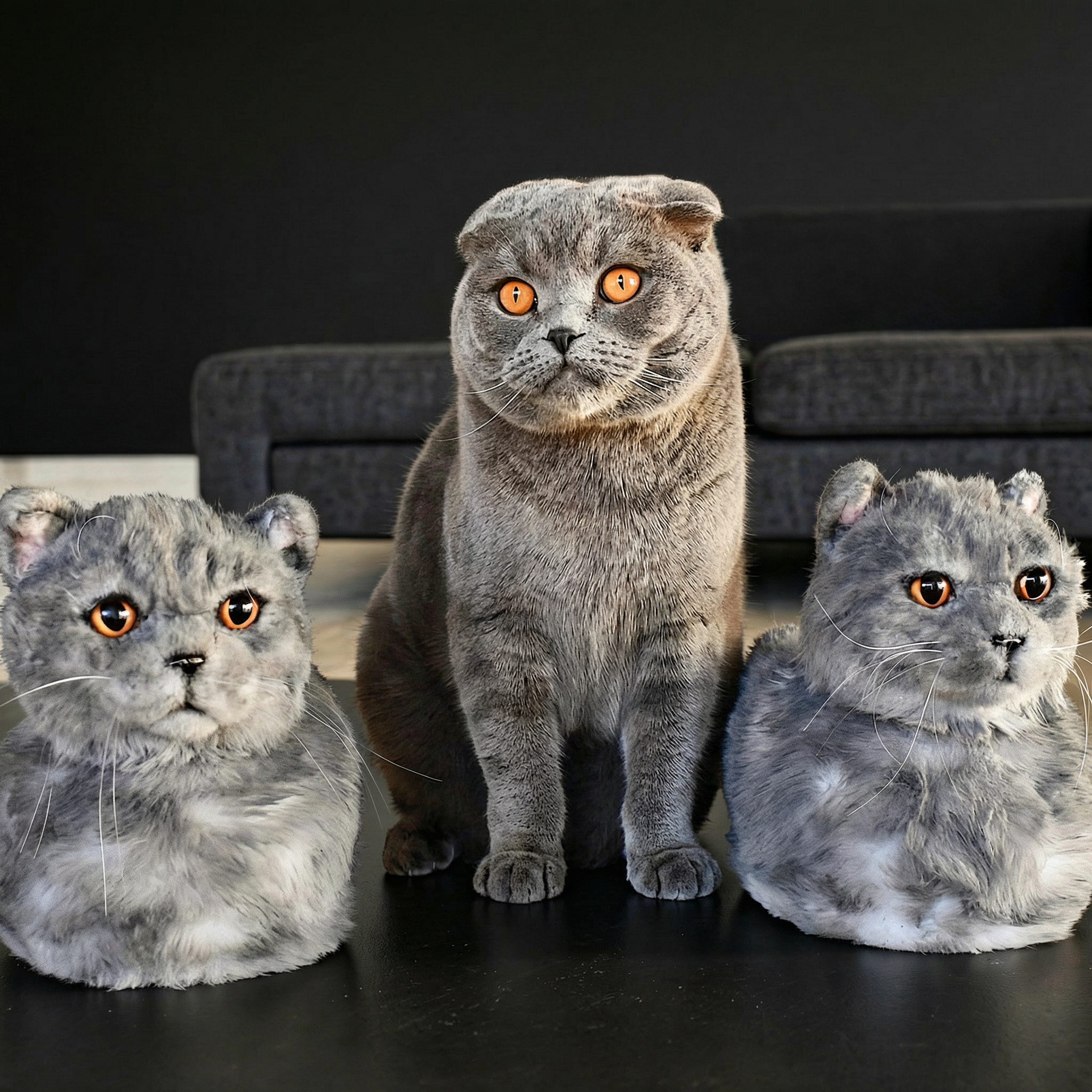 A black and white dog with large pointed ears and a colorful plaid bandana lies on a couch next to two plush slippers that closely resemble it, all three facing forward.