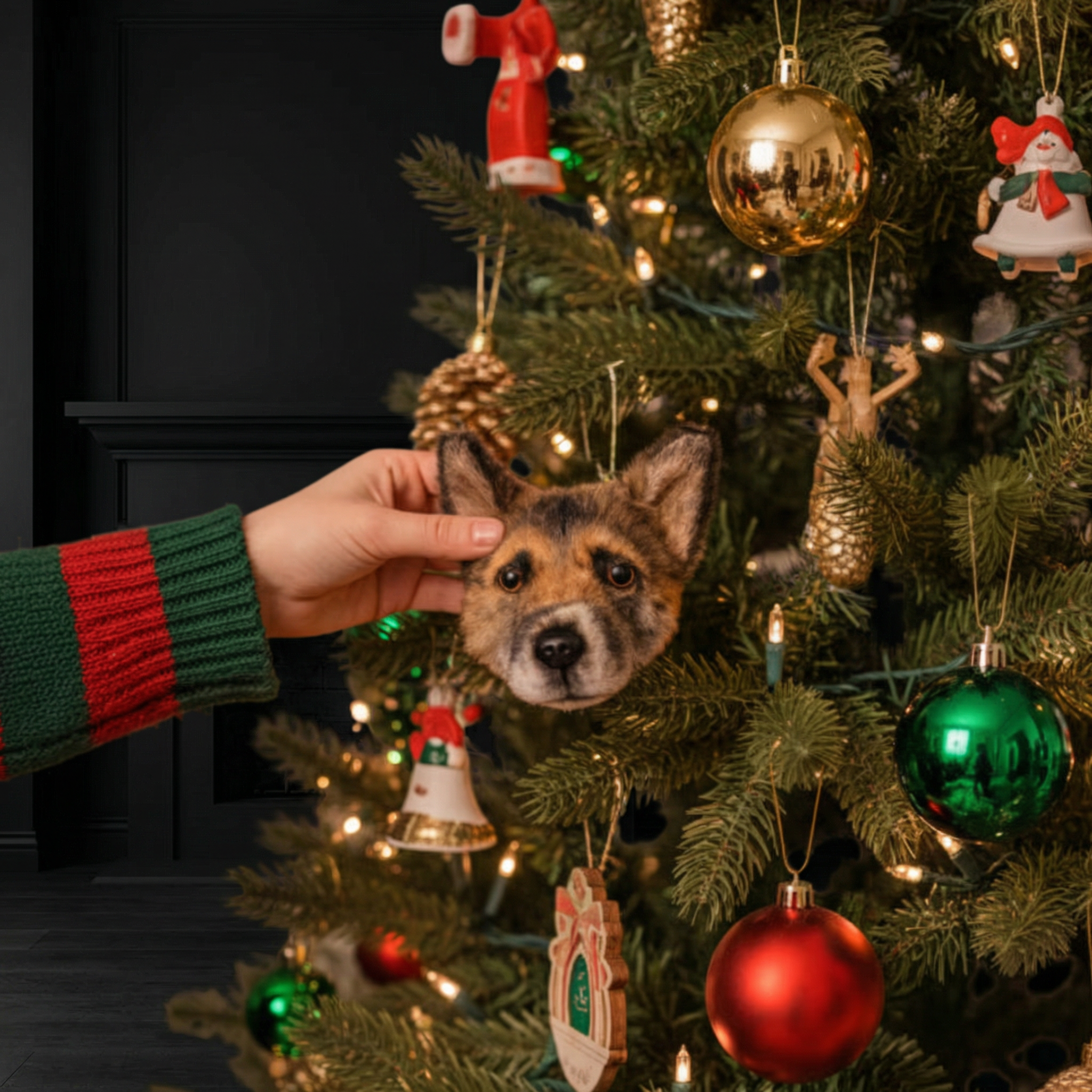 Hand in striped sweater hangs custom German Shepherd ornament on Christmas tree.