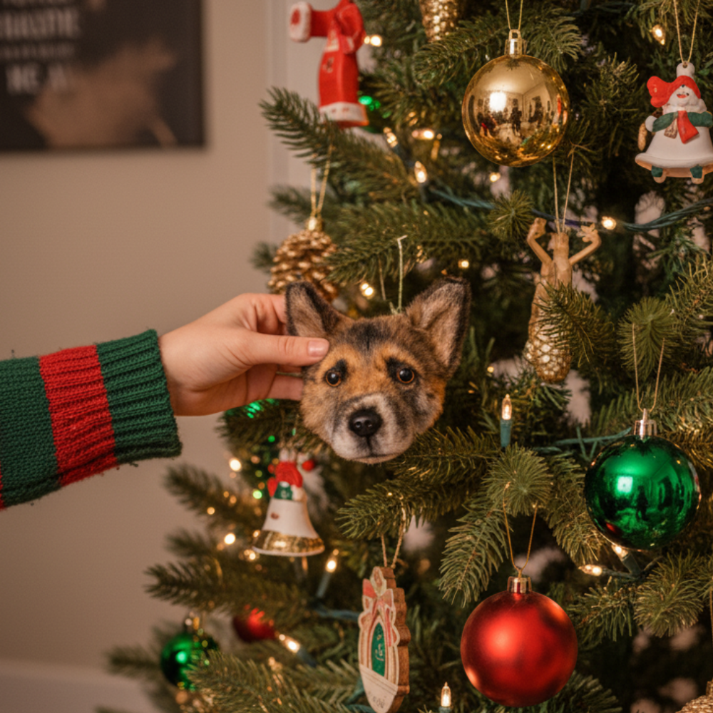 A close-up shot shows a hand wearing a green and red striped sweater hanging a custom Christmas ornament shaped like the head of a German Shepherd dog on a brightly lit Christmas tree.