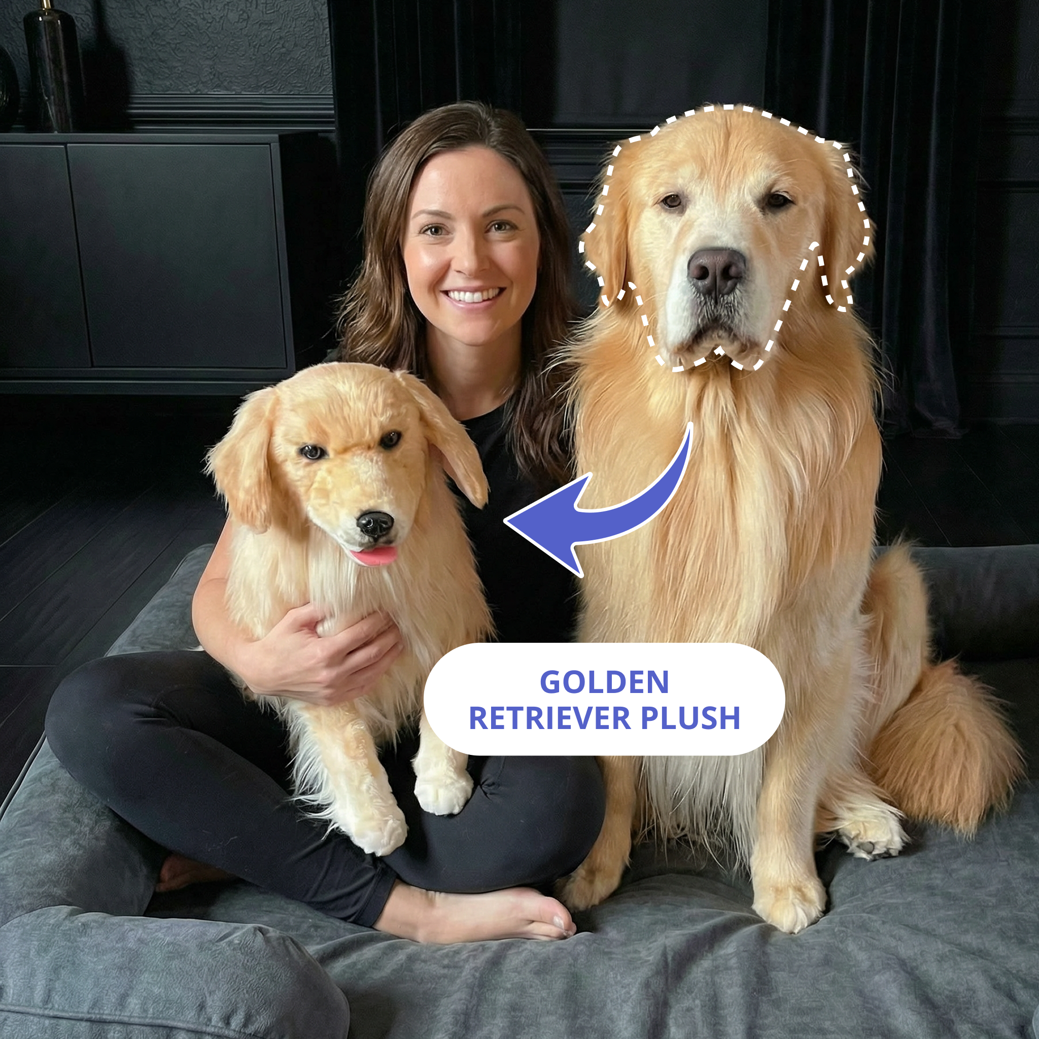 Woman holding a Golden Retriever plush toy next to her real Golden Retriever dog