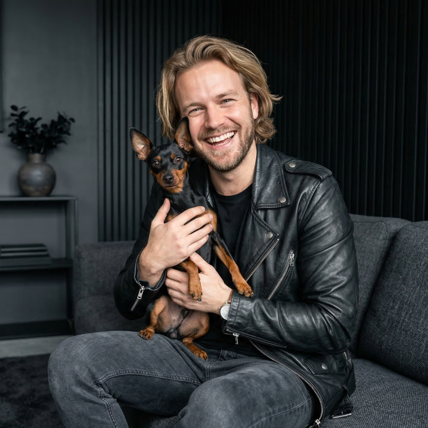 A smiling man with blonde hair in a leather jacket holds a small black and tan dog.