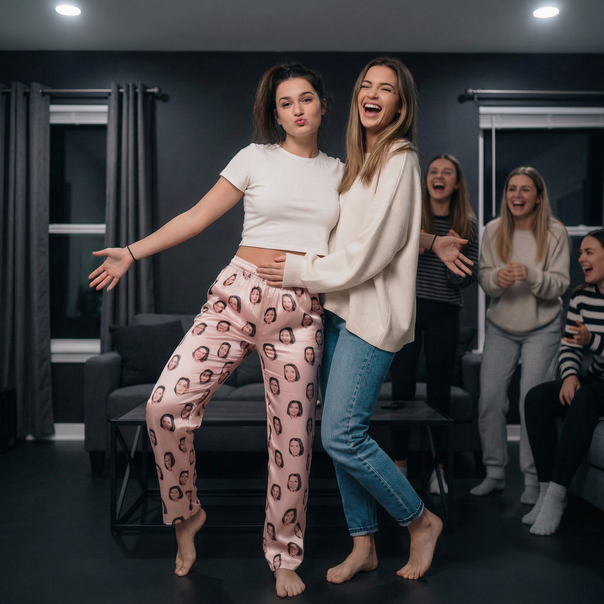 Two people posing, others laughing in the background.