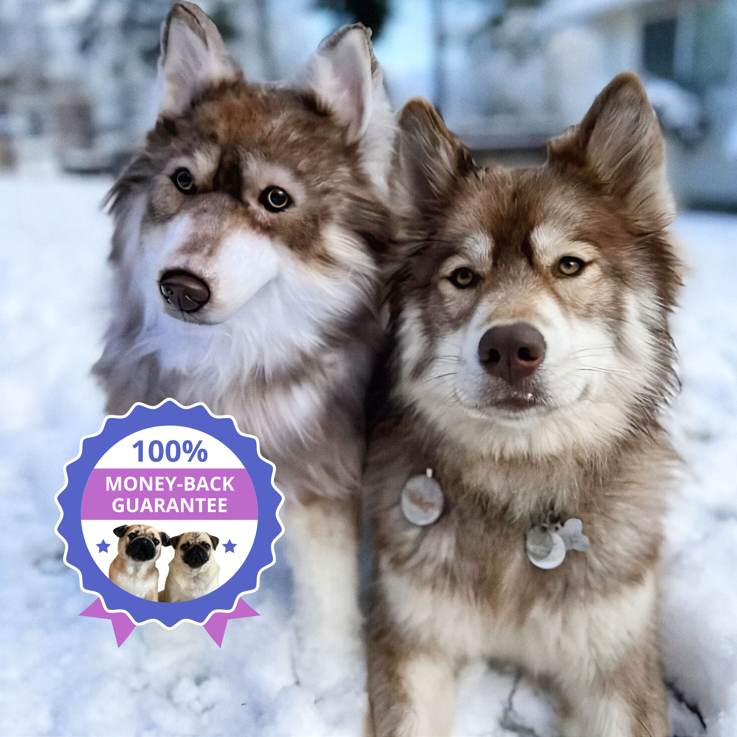 A photograph, cropped into a circular frame, shows a real adult reddish-brown and white Siberian Husky standing next to an extremely realistic plush toy of a Husky puppy.