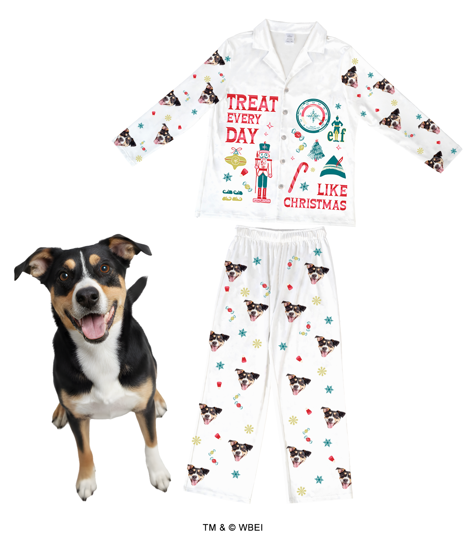 A white pajama set featuring the phrase 'TREAT EVERY DAY LIKE CHRISTMAS' with holiday and Elf-themed graphics. The pajamas are patterned with a repeating print of a black, tan, and white dog's face, along with various candy and snowflake graphics. A full image of the dog is shown below the pajamas.