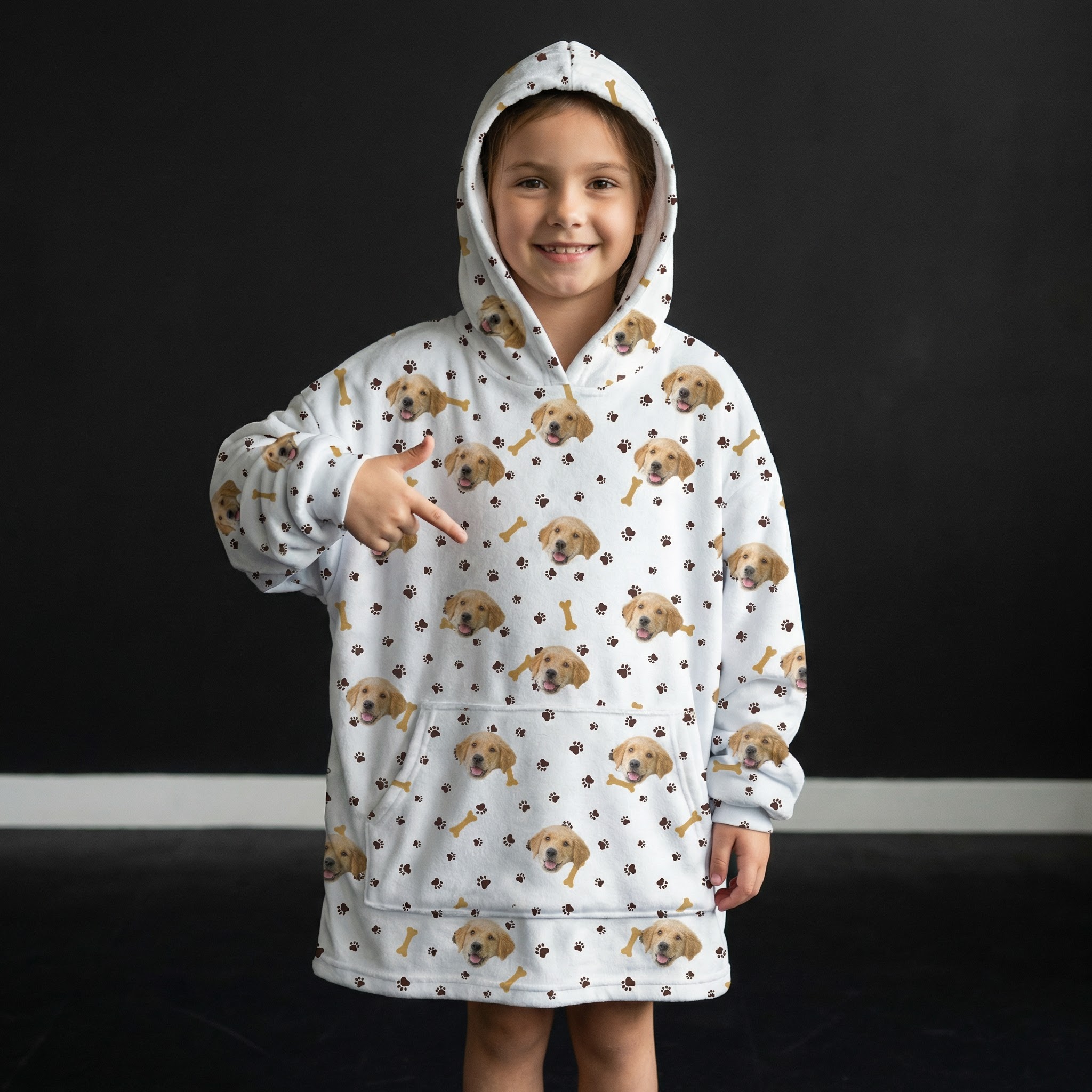 Girl is wearing a blanket hoodie.