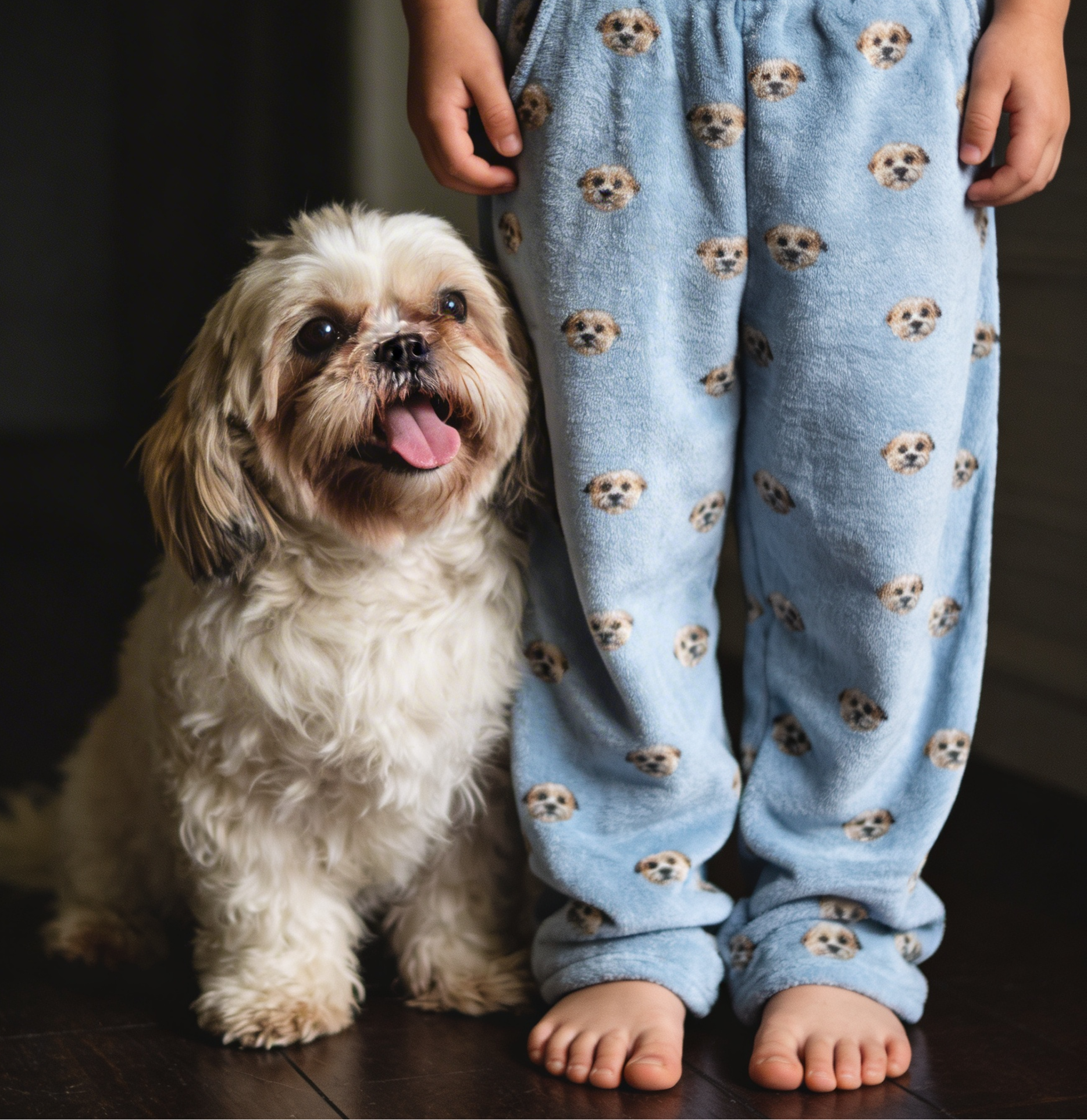 Waist down shot of blue fleece pants next to a dog.